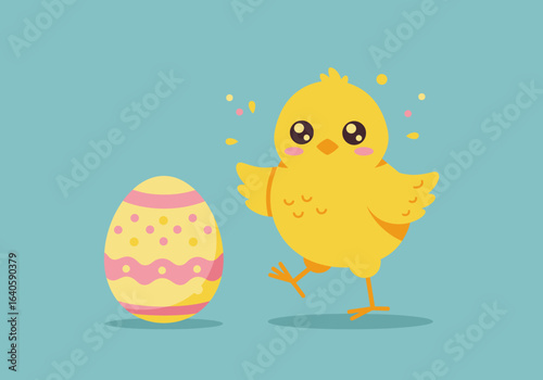 An adorable cartoon chick celebrating Easter with a colorfully decorated egg. A cute vector illustration for the spring holiday.