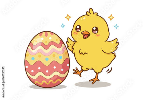 Happy little yellow chick character with a big decorated Easter egg. Adorable spring holiday cartoon illustration.