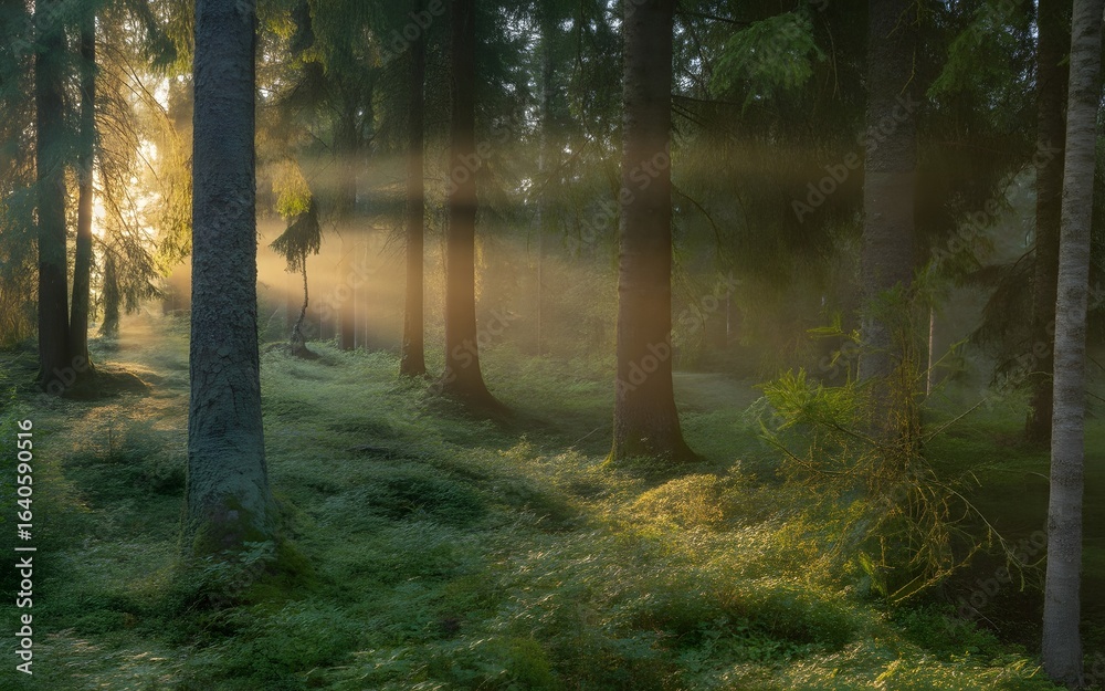 Naklejka premium Golden sunlight filtering through mossy forest trees
