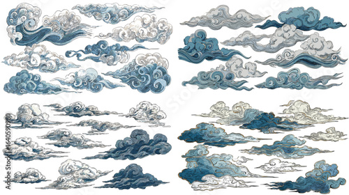 Various stylized cloud formations in different shades of blue, gray, and white, designed in a detailed, artistic way to evoke a sense of motion and fluidity in the sky.