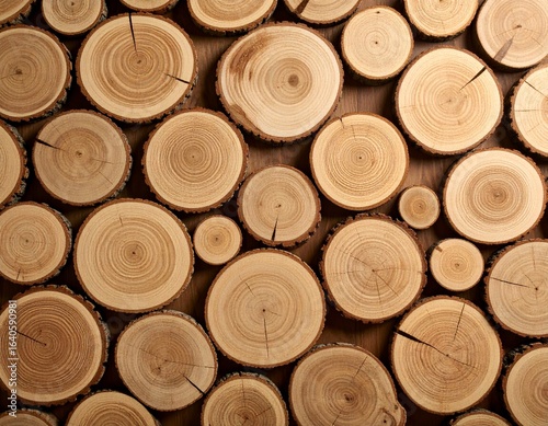 Close-up of stacked wooden logs with natural rings and cracks, showing warm brown tones and rustic texture
