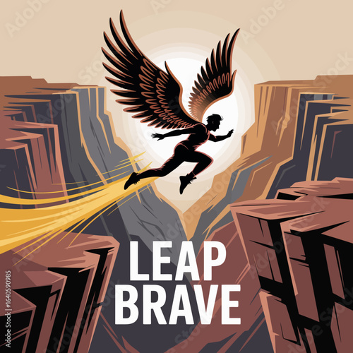 A winged silhouette leaps bravely across a vast canyon at sunset leaving a trail of golden light symbolizing courage and overcoming challenges
