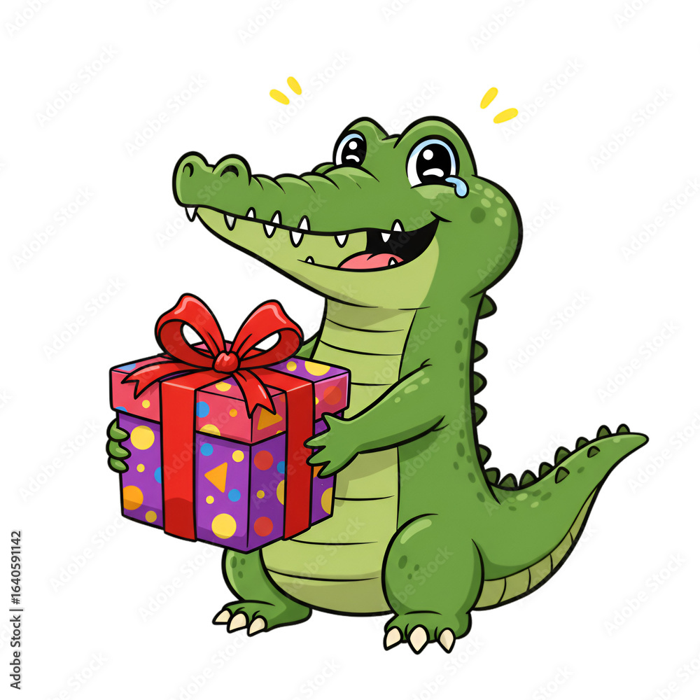 Obraz premium Joyful Crocodile Illustration Holding Gift Box in Vivid Colors