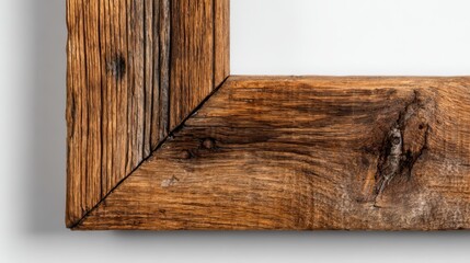 Rustic Wooden Frame Corner Detail Showing Natural Wood Grain and Texture on White Background