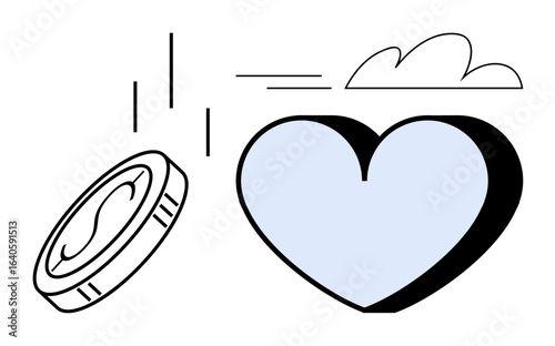 Coin falling beside light blue heart with cloud and motion marks evoking acts of kindness, philanthropy, charity, donations, emotional connection, financial support, and gratitude. Minimalistic flat