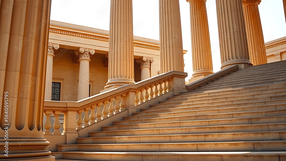 Fototapeta premium Architectural detail of neoclassical columns and stone staircase, reflecting classical symmetry.