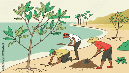 Beach tree planting volunteer work coastal restoration project environmental conservation initiative effort