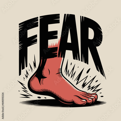 A stylized illustration depicts a human foot stepping forward with the word fear boldly emblazoned behind it conveying a sense of confronting or overcoming apprehension