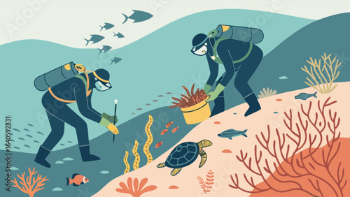 Ocean cleanup scuba divers removing invasive species protecting marine life and coral reef ecosystem health