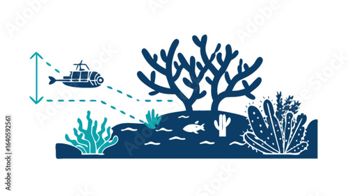 Underwater submarine exploration of coral reef ecosystem with marine life and aquatic plants vector art