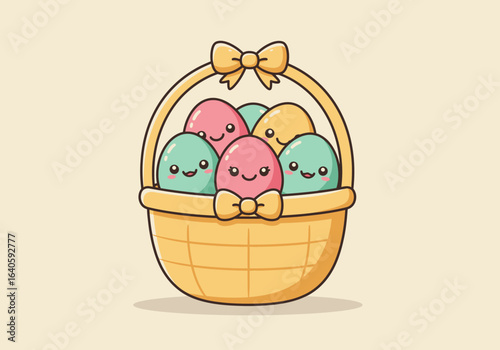 A cute kawaii illustration of a wicker basket filled with colorful, smiling Easter eggs for a festive holiday celebration.
