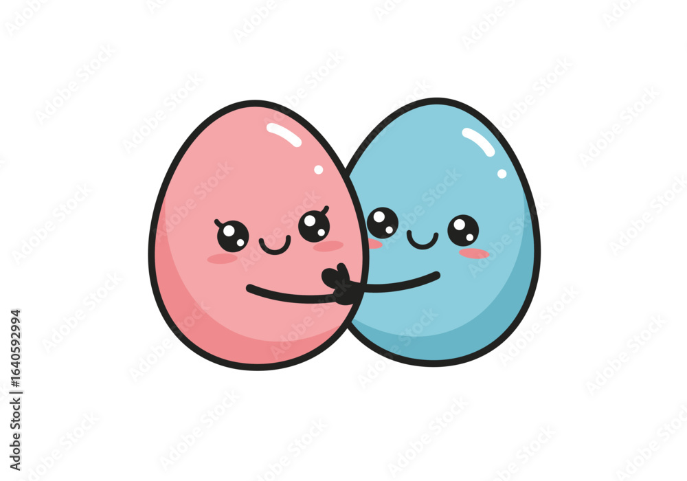 Obraz premium Adorable pink and blue cartoon eggs hugging. A cute couple in love, illustrated in a kawaii style on a white background.