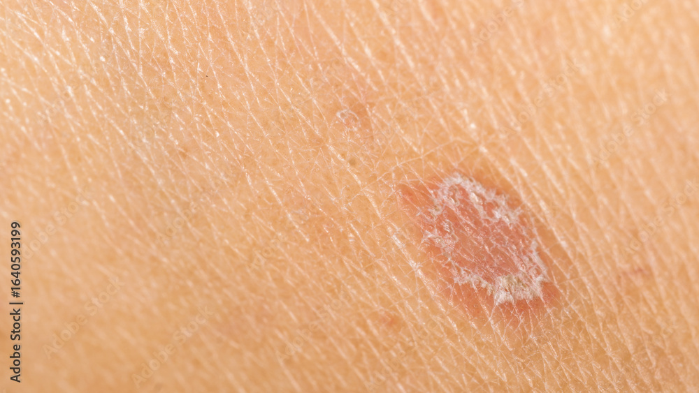 Fototapeta premium Close-up of dry, flaky and red human skin, showing symptoms of psoriasis, eczema or dermatitis.