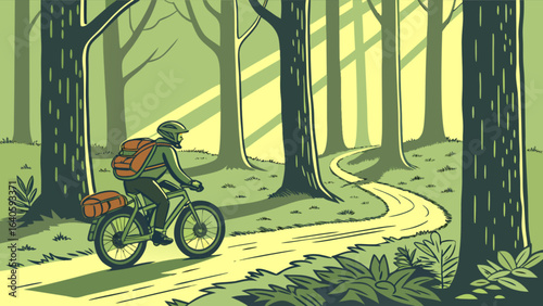 Bike touring adventure through green forest landscape with cyclist and gear for outdoor recreation and nature trails