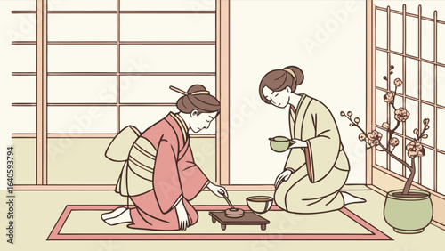 Japanese tea ceremony illustration with geishas in kimono serving matcha tea traditional culture art vector