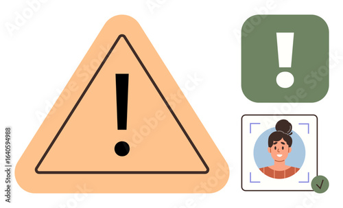 Alert triangle with exclamation mark beside verified profile frame and checkmark. Ideal for safety, security, risk, profile verification, caution, warnings, online identity. A simple flat metaphor