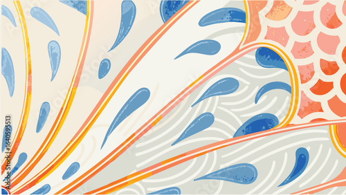 Abstract floral design with teardrop shapes and scale pattern in pastel colors and orange lines