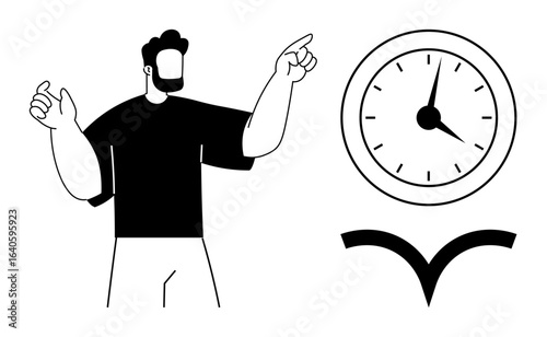 Bearded man pointing towards a clock, accompanied by curved arrow below. Represents time management, deadline, planning, prioritization, focus, productivity, and efficiency in simple flat metaphor