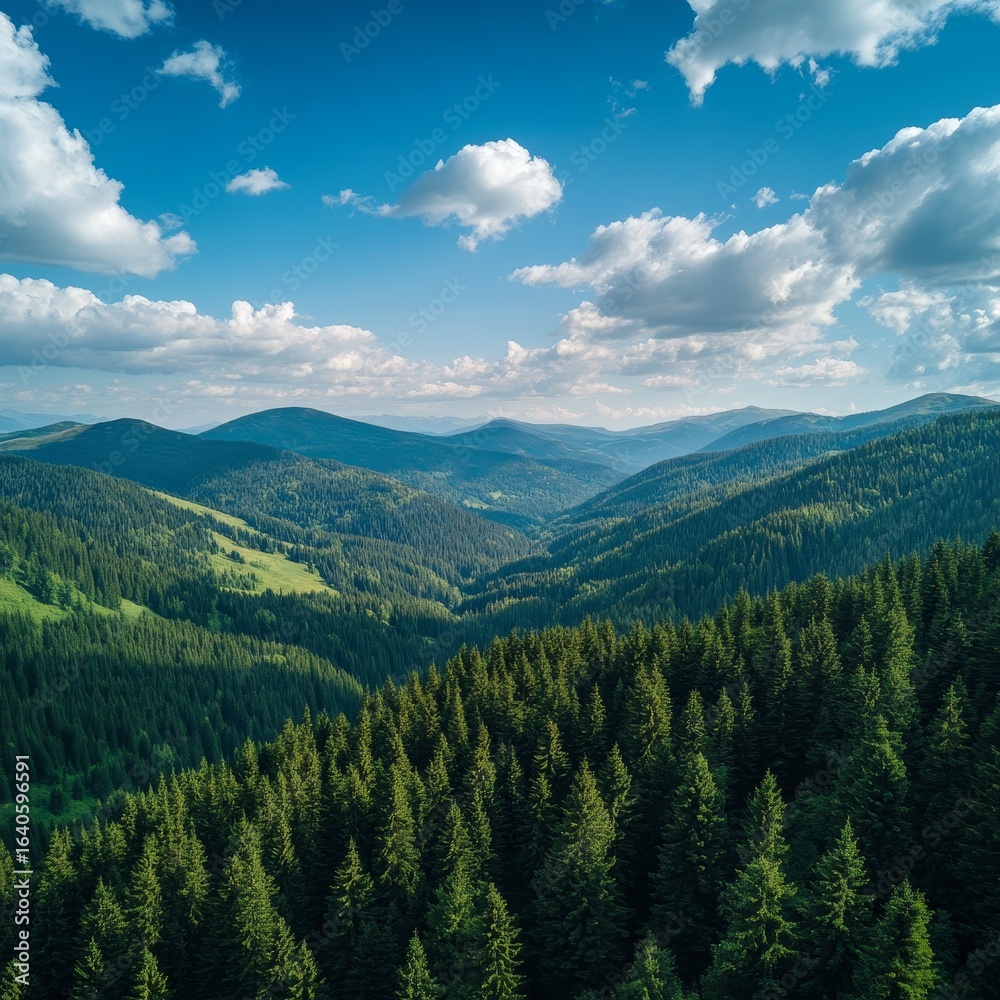 Obraz premium From above, we see green forests on mountains under a sunny blue sky. This nature scene is in the Carpathian Mountains of Ukraine. Perfect for adventure travel. 