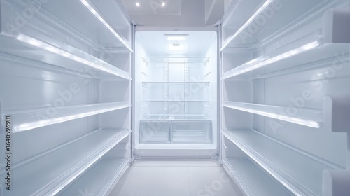 Empty Refrigerator Interior with Shelves, Lighting, and Open Doors Ready for Stocking with Food