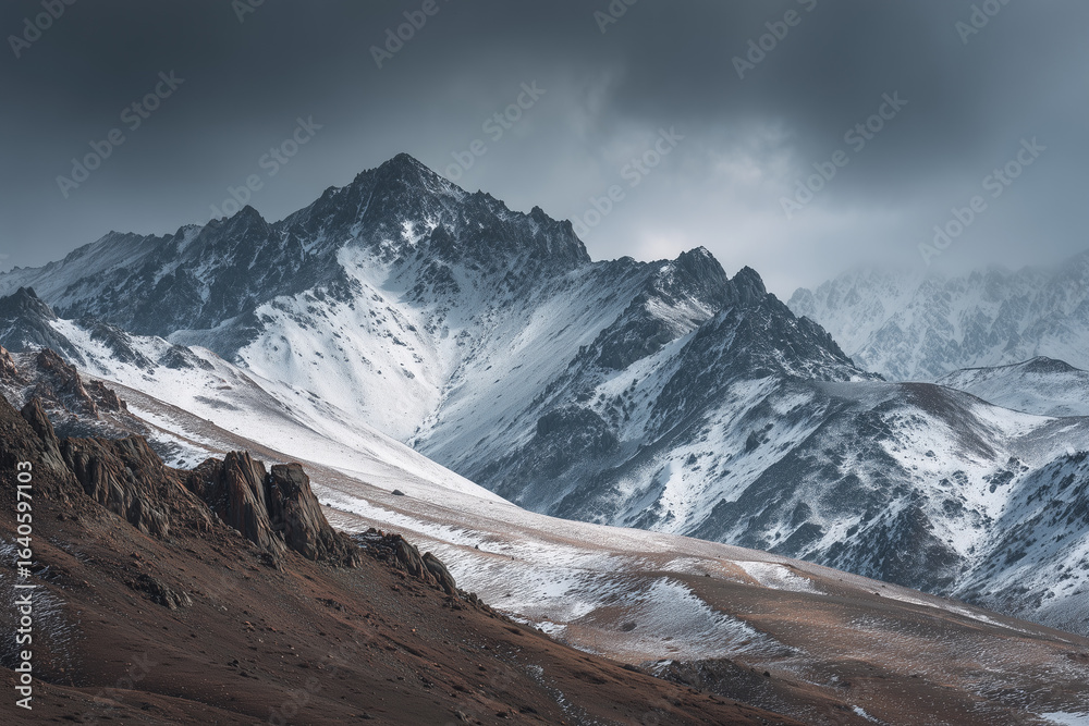 Fototapeta premium A striking view of Heidu Mountain in Qinghai, China, where slate grey, charcoal black, and snowy white tones form a naturally monochromatic scene. 