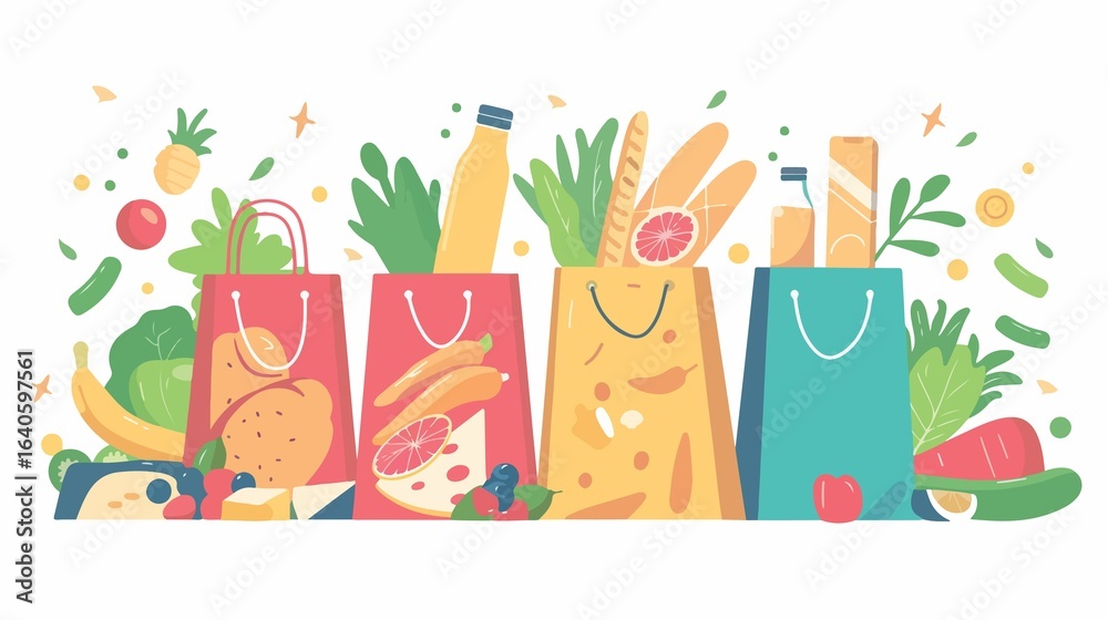 Obraz premium Vibrant grocery bags filled with fresh produce, perfect for healthy eating and lifestyle designs