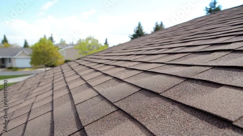 Brown asphalt shingle roof on residential house with outdoor construction showing detailed texture and pattern under clear and partly cloudy sky in calm suburban setting