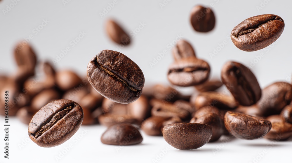 Naklejka premium Freshly roasted coffee beans in mid-air, showcasing their rich color and texture, perfect for coffee lovers and enthusiasts.