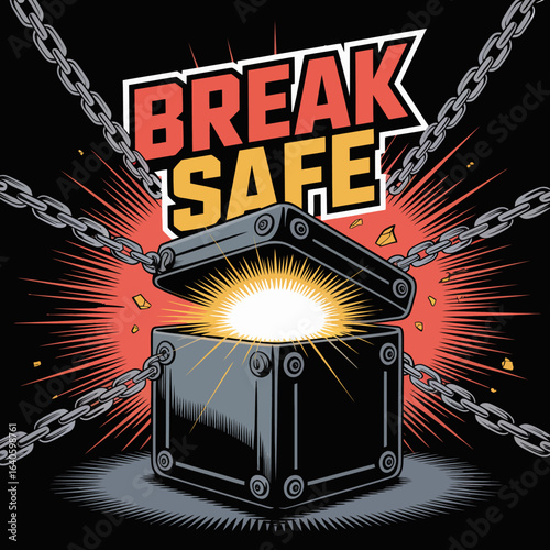 An illuminated open safe with chains breaking apart symbolizing freedom and escape from confinement with the bold text break safe in vibrant colors