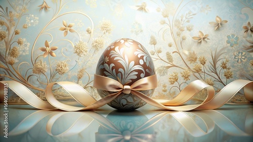 Wallpaper Mural An ornate golden egg adorned with a delicate ribbon, rests on a reflective surface against a backdrop of elegant floral patterns Torontodigital.ca