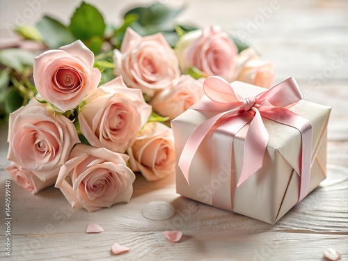 Beautiful pink roses bouquet with gift box on a wooden table for celebration