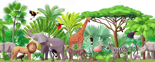 vector cartoon animals and plants isolated on transparent background. Seamless pattern 