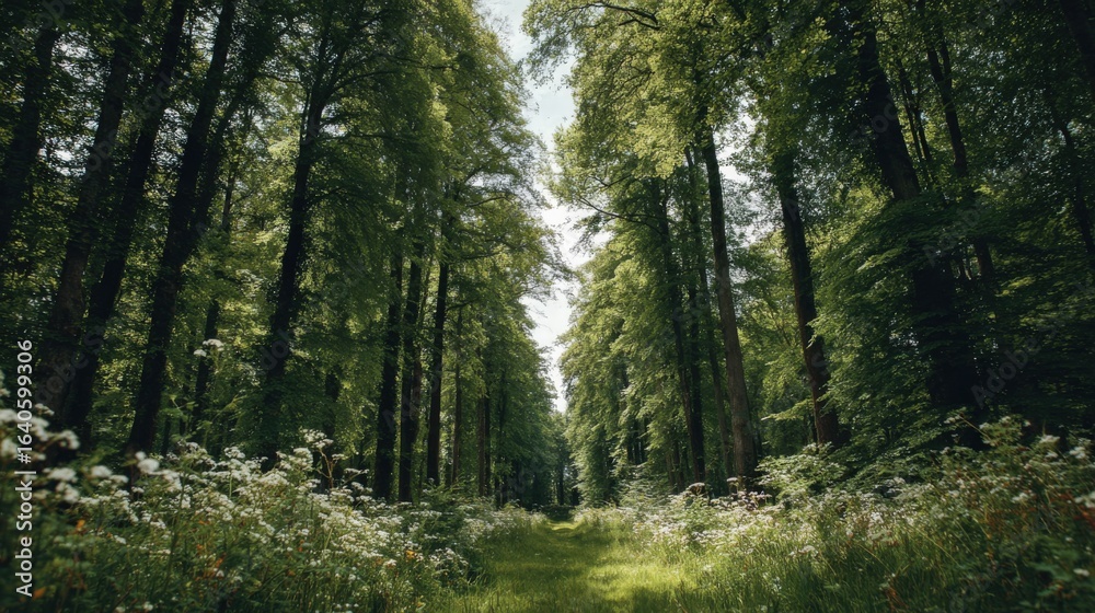 Obraz premium Lush Green Forest Path: Scenic Woodland View with Sunlight and Wildflowers, Perfect for Nature and Travel
