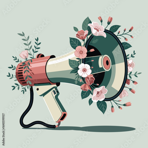 Retro megaphone adorned with delicate blooming flowers and green leaves symbolizing gentle advocacy peaceful protest and the power of a soft voice