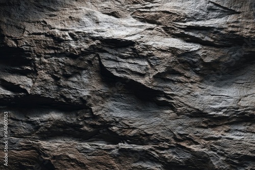 Close-up view of rough, textured rock face.  Dark gray and brown tones.  Intricate crevices and layers.  Natural stone surface