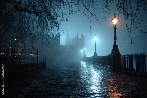 Misty london street at night with glowing lampposts and wet cobblestones