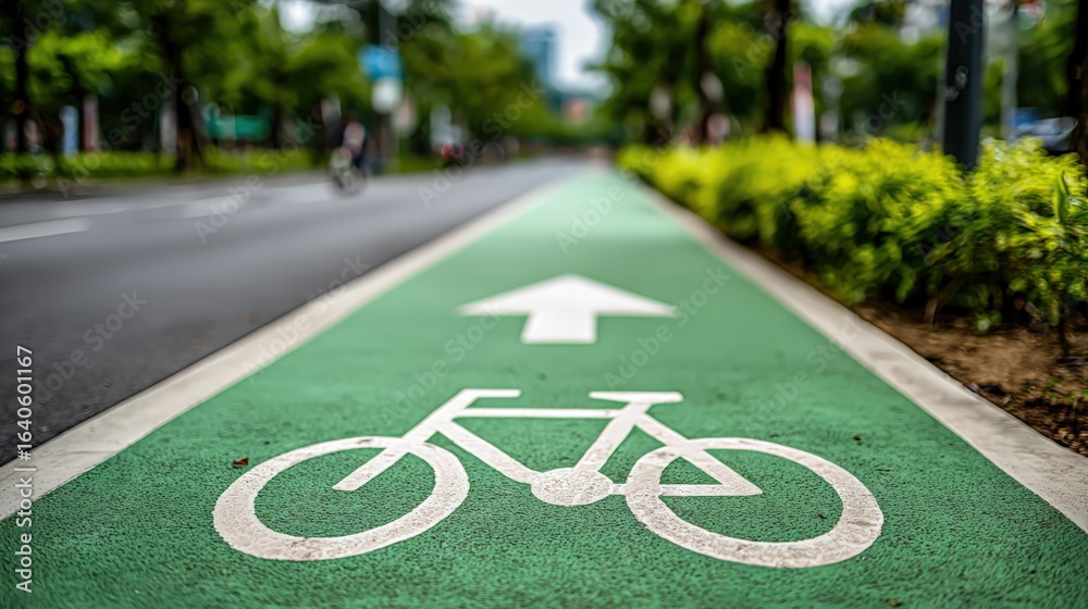 Obraz premium Designated Green Bicycle Lane for Cyclists with Arrow Symbol in City Park, Promoting Healthy Lifestyle