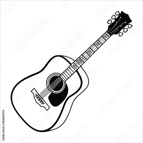 acoustic guitar, black and white, simple illustration, flat design, minimalist line art design.
