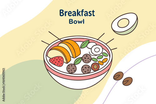 A delicious and healthy breakfast bowl illustration featuring fresh fruits grains and a boiled egg for a wholesome start to the day