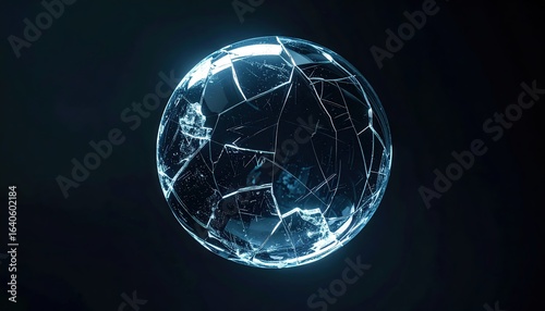 An illuminated sphere made of shattered glass reflects light, creating an abstract design against a dark, minimalist background for a modern aesthetic look.