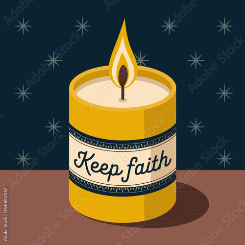 A bright yellow candle with the words keep faith written on its label glows warmly against a dark starry night sky symbolizing hope and resilience
