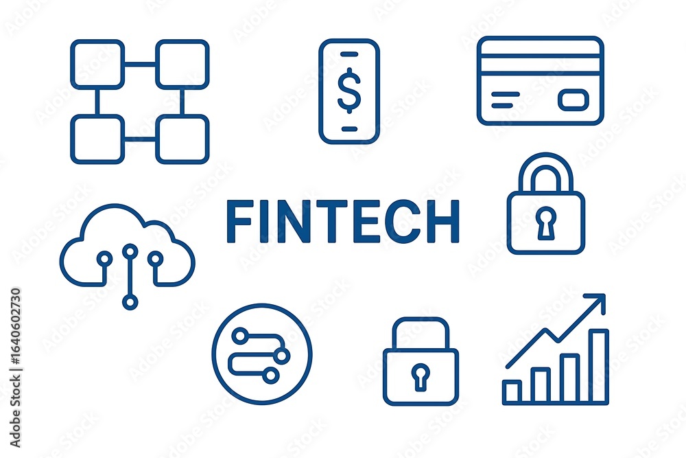 Fintech icons representing digital finance and security Fintech icons representing digital finance and security