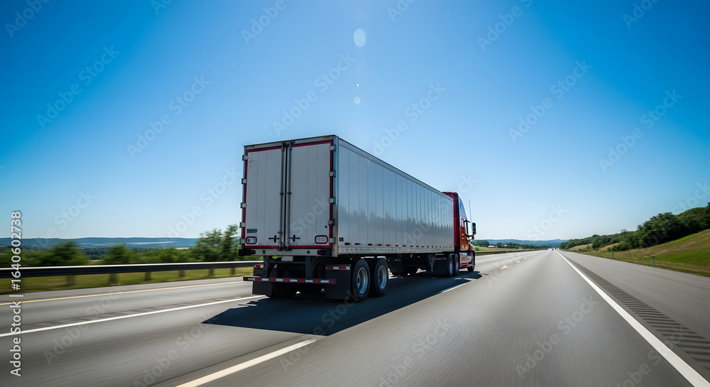 Freight Truck Hauling Full Trailer on Clean Asphalt Highway Under Bright Blue Sky Freight Truck Hauling Full Trailer on Clean Asphalt Highway Under Bright Blue Sky