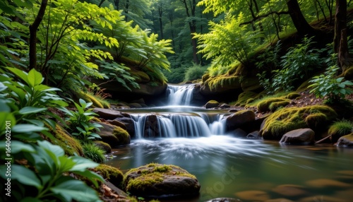 A small waterfall in a lush green forest, slow shutter effect creating smooth flowing water