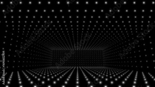 3D Grid VR Room Background. Grid Frame Retrowave Party Flyer. Vintage Computer Virtual Reality VR Tunnel Technology Vector Illustration.