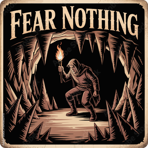 A brave explorer ventures into a dark ominous cave holding a torch illuminating jagged rock formations and the text fear nothing above