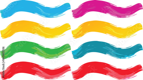 Eight colorful brush strokes arranged in pairs with varying shades and textured paint effects visible