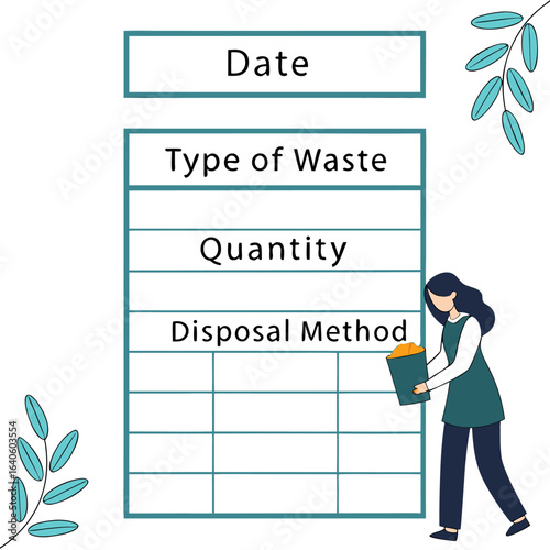 Waste management tracking chart with categories for date type of waste quantity and disposal method illustrated with a person depositing waste