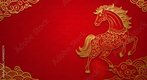 The horse is adorned with intricate golden patterns. luxury red and gold chinese horse new year background, 2026 new year with copy space for text, a dynamic pose against a vibrant red background. 
