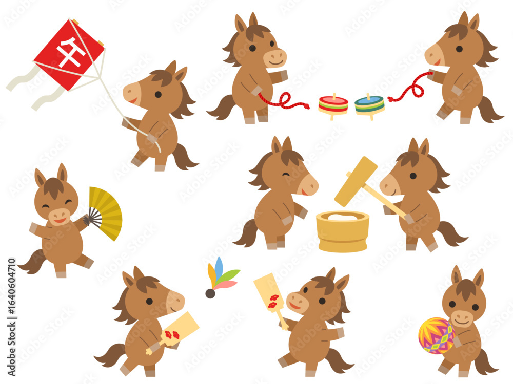 Fototapeta premium 正月の遊びと餅つきをする馬のキャラクターのイラストセット